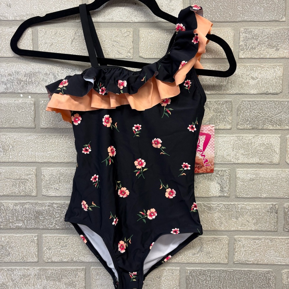 Kanu Surf Black Floral One-Shoulder Ruffle One-Piece with Peach Trim Size 12
